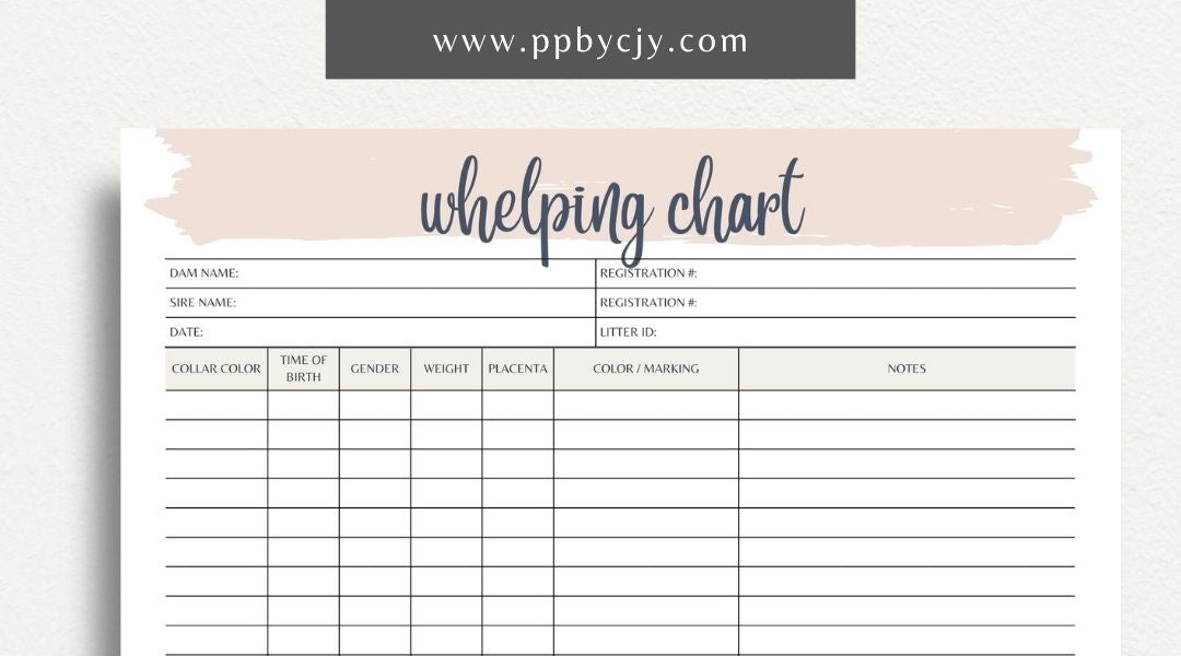 Puppy Whelping Chart Printable Template – Digital download for tracking and recording the details of a puppy's birth and early development