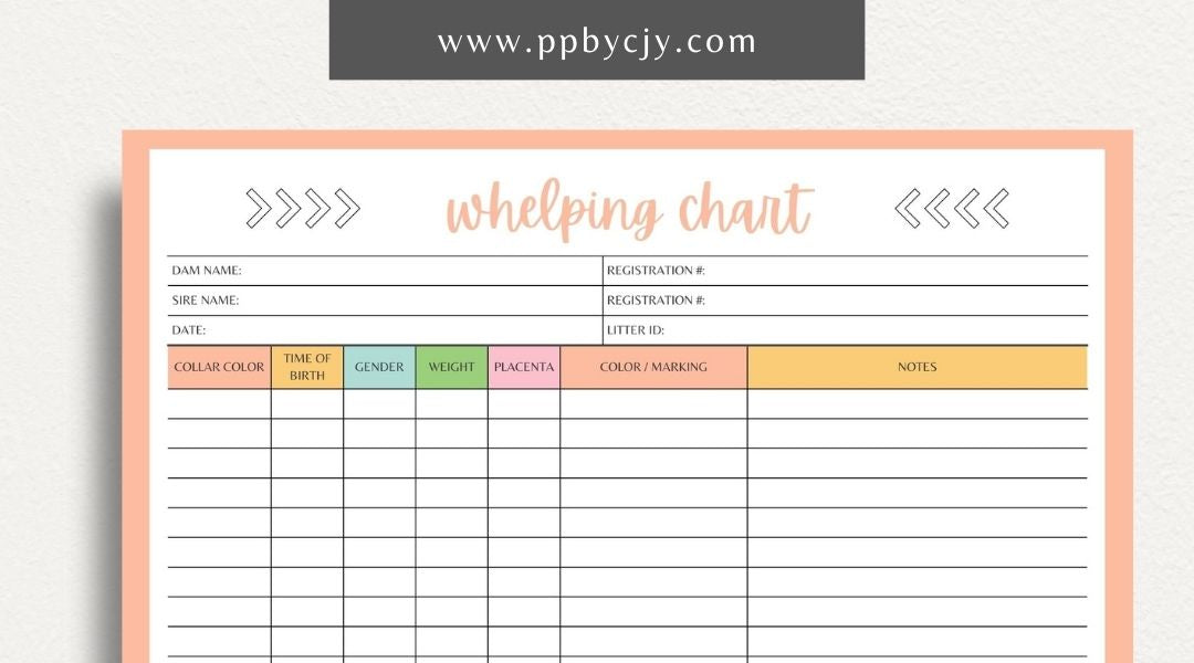 Puppy Whelping Chart Printable Template – Digital download for tracking and recording the details of a puppy's birth and early development