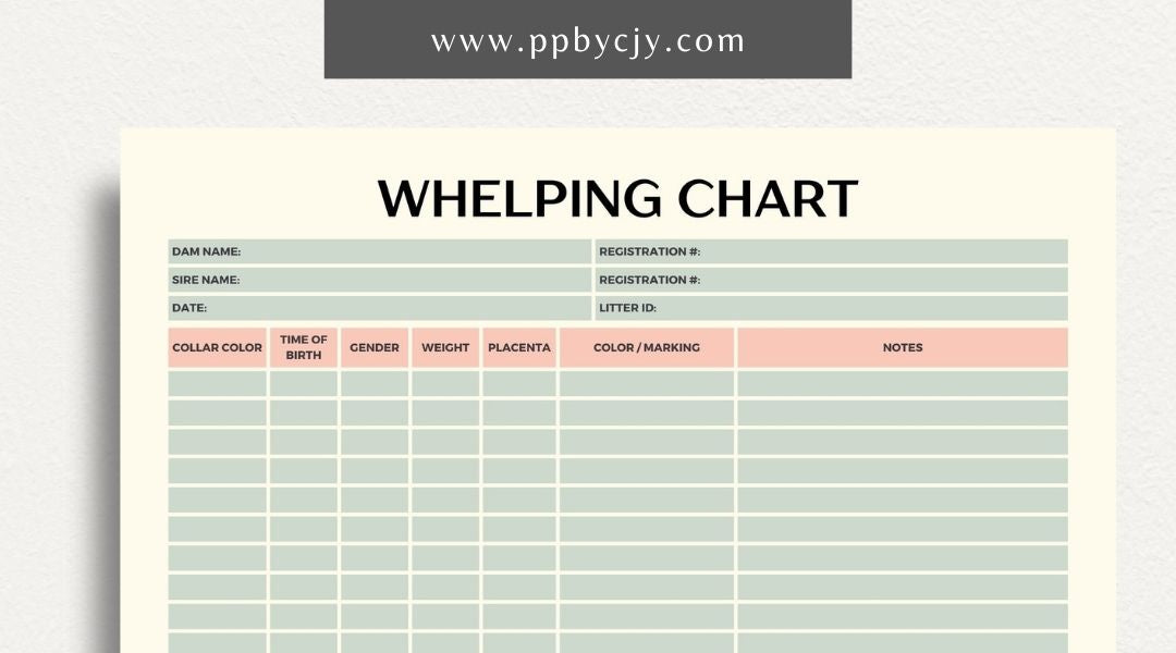 Puppy Whelping Chart Printable Template – Digital download for tracking and recording the details of a puppy's birth and early development