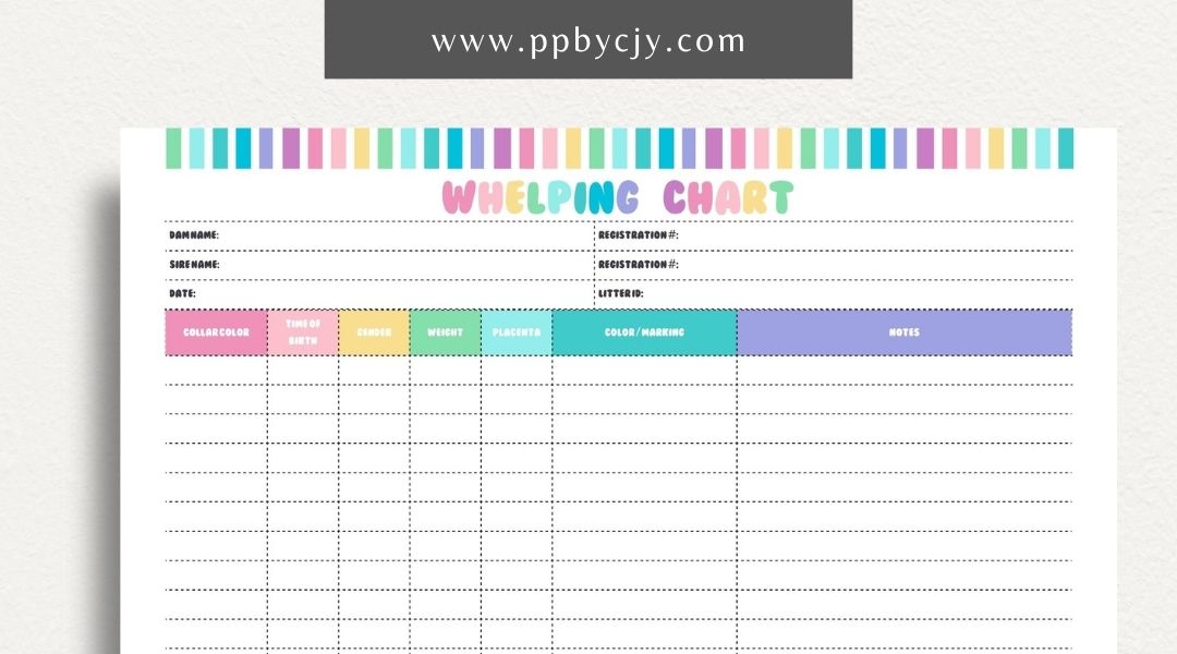 Puppy Whelping Chart Printable Template – Digital download for tracking and recording the details of a puppy's birth and early development