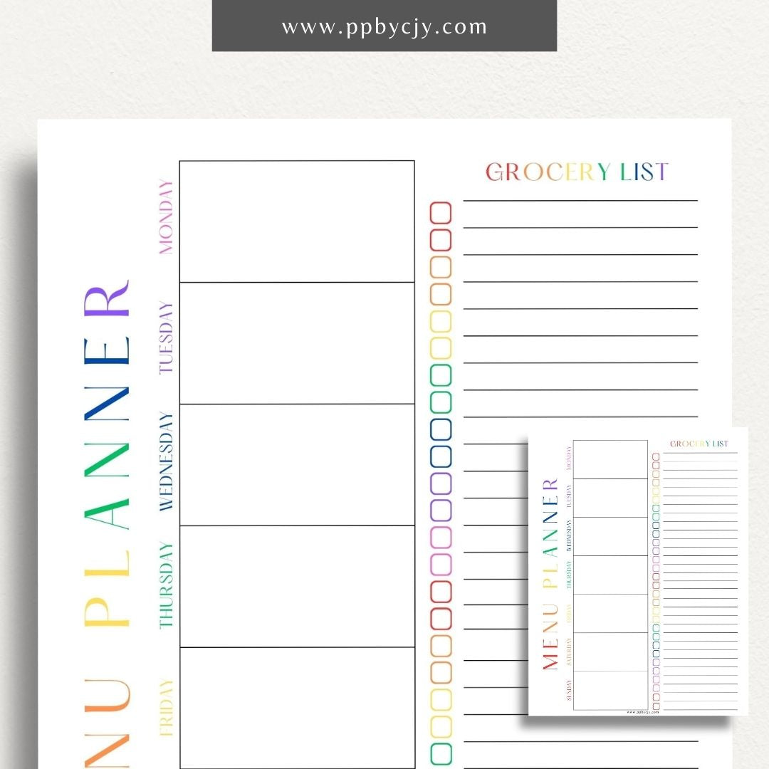 Weekly Meal Planner Printable Template – Digital download for organizing and planning meals for the week, including meal ideas, ingredients, and grocery lists