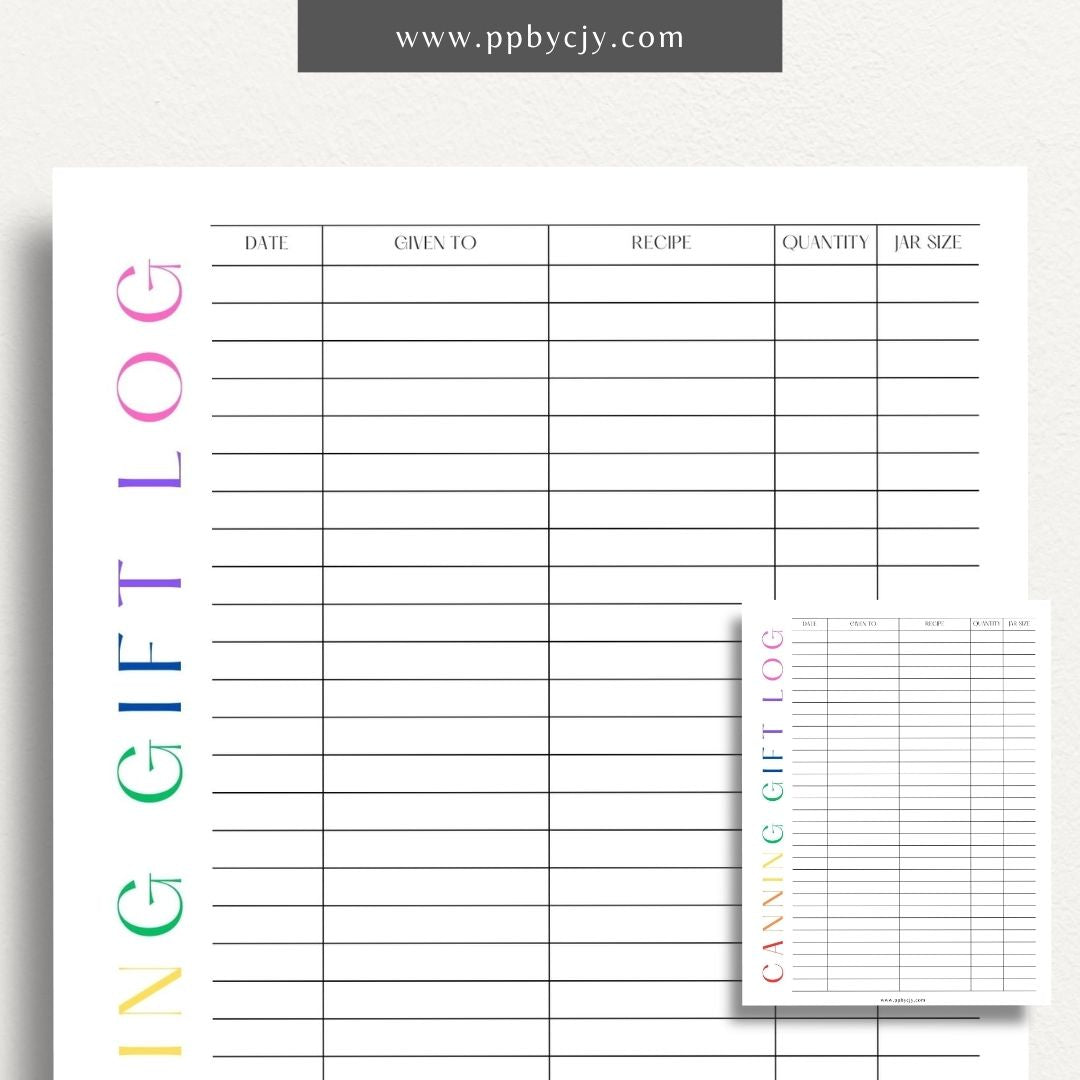 Homestead Canning Gift Log Printable Template – Digital download for tracking and organizing gifts made from home-canned goods.