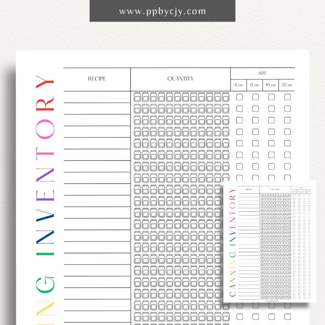 Homestead Canning Inventory Printable Template – Digital download for recording and managing home-canned goods and supplies.