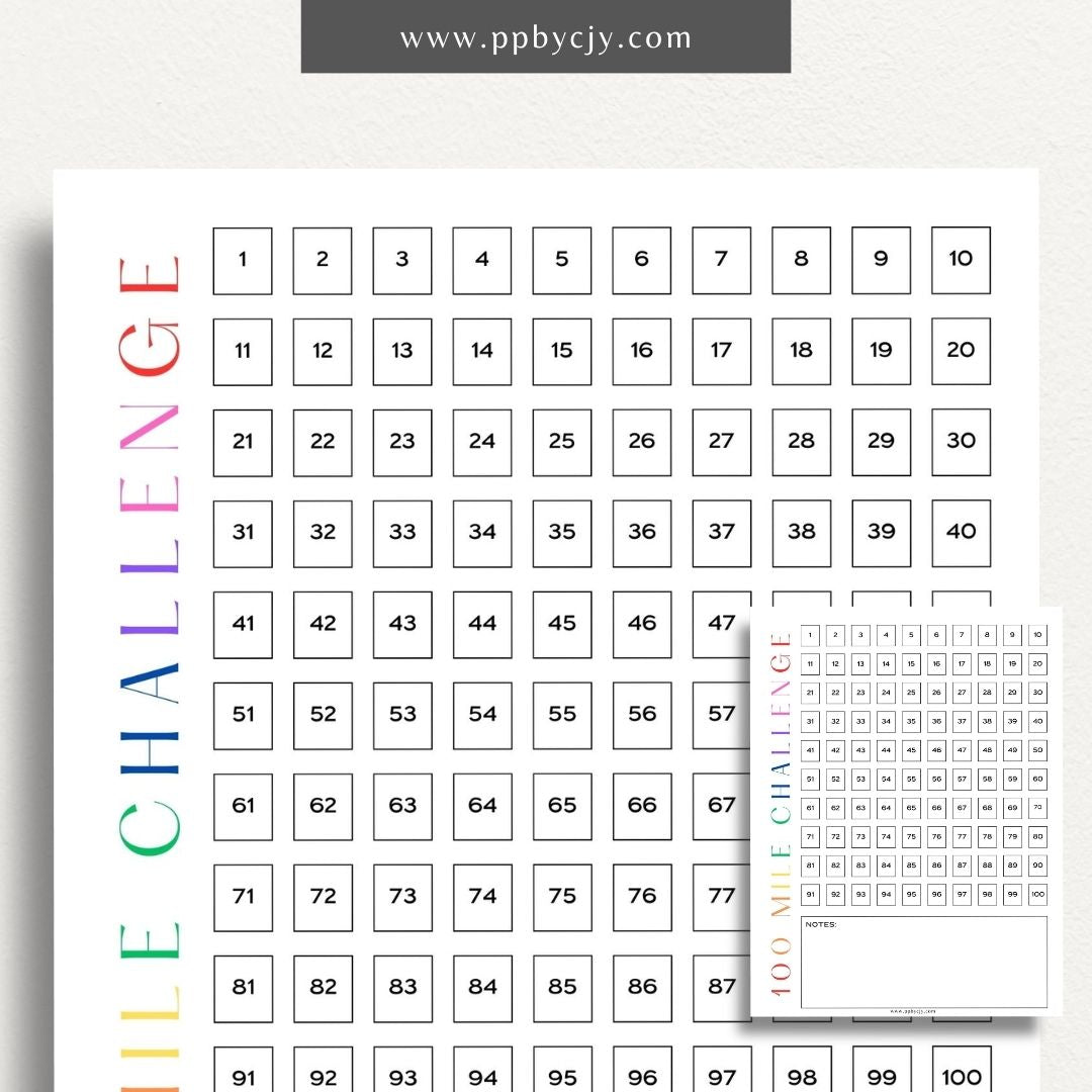 100 Mile Challenge Printable Template – Digital Download for Tracking Your Mileage Goals