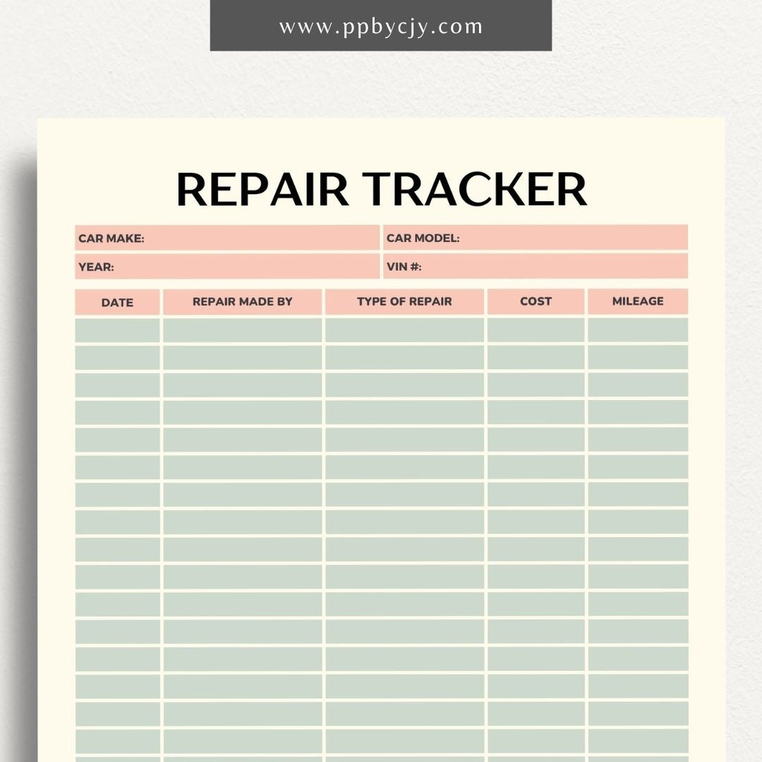 Vehicle Repair Log Printable Template – Digital Download for Recording and Tracking Vehicle Repairs
