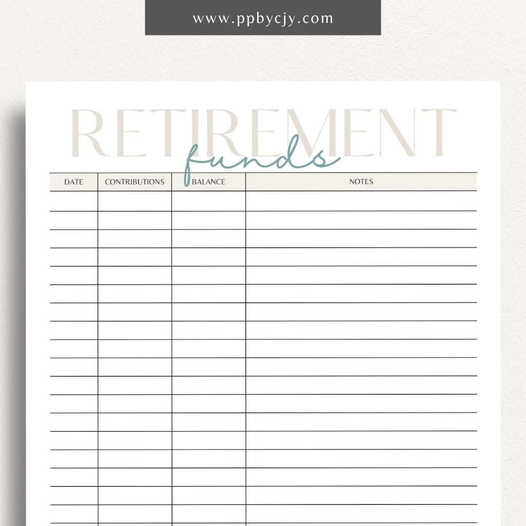 Retirement Funds Tracker Printable Template – Digital download for monitoring and managing contributions, growth, and balances of retirement funds