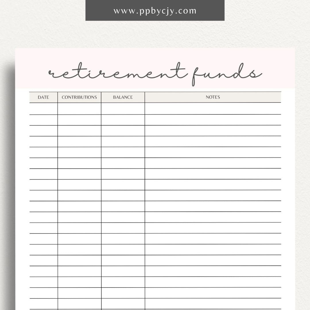 Retirement Funds Tracker Printable Template – Digital download for monitoring and managing contributions, growth, and balances of retirement funds