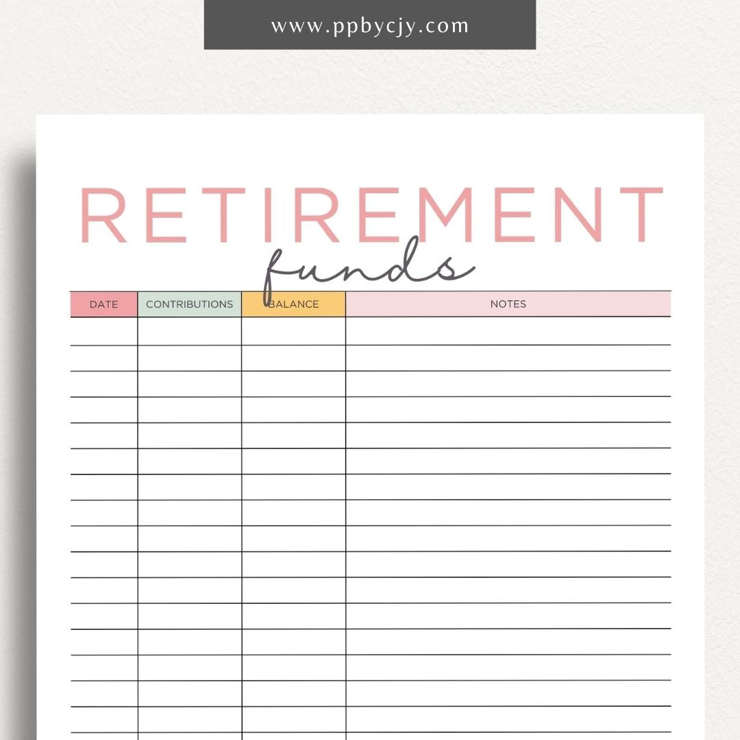 Retirement Funds Tracker Printable Template – Digital download for monitoring and managing contributions, growth, and balances of retirement funds