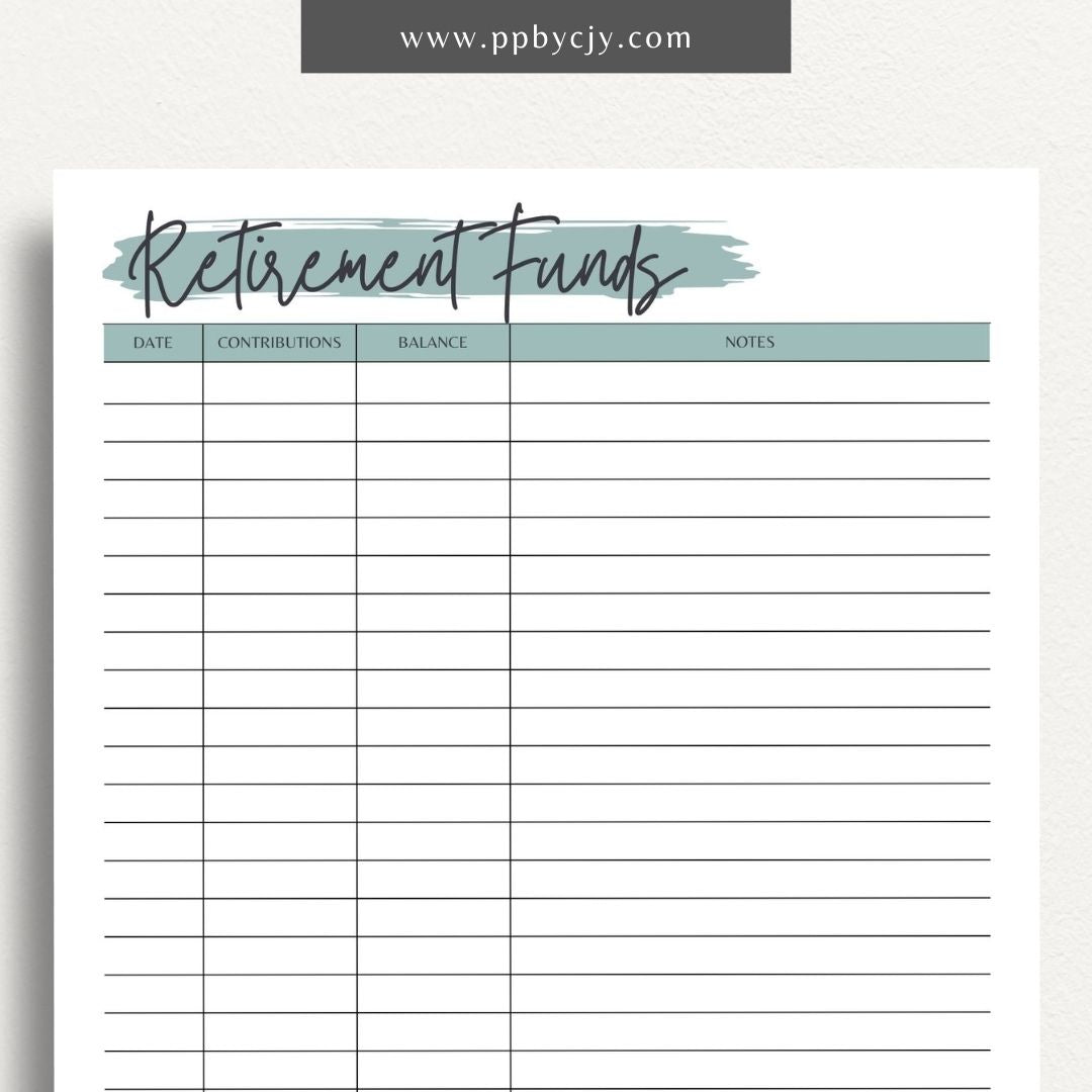 Retirement Funds Tracker Printable Template – Digital download for monitoring and managing contributions, growth, and balances of retirement funds
