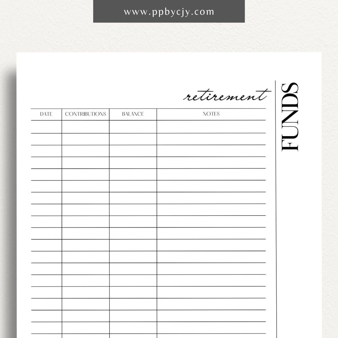 Retirement Funds Tracker Printable Template – Digital download for monitoring and managing contributions, growth, and balances of retirement funds