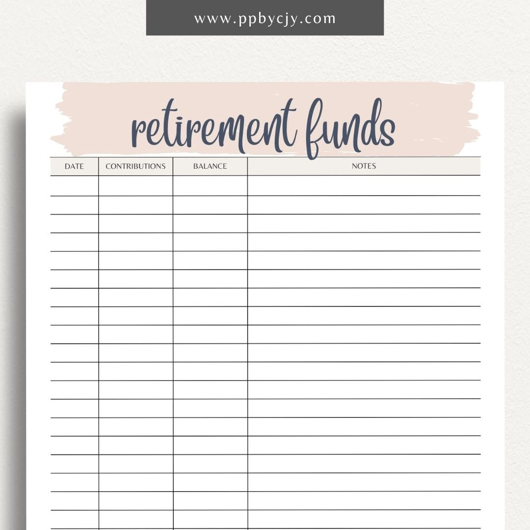 Retirement Funds Tracker Printable Template – Digital download for monitoring and managing contributions, growth, and balances of retirement funds