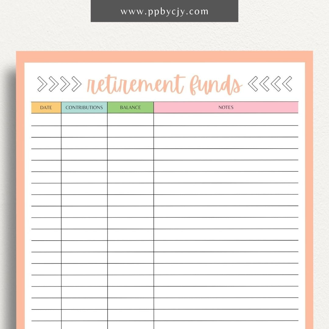 Retirement Funds Tracker Printable Template – Digital download for monitoring and managing contributions, growth, and balances of retirement funds