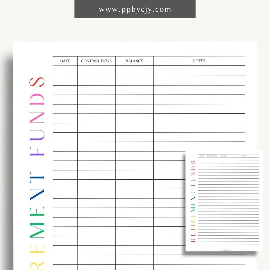 Retirement Funds Tracker Printable Template – Digital download for monitoring and managing contributions, growth, and balances of retirement funds