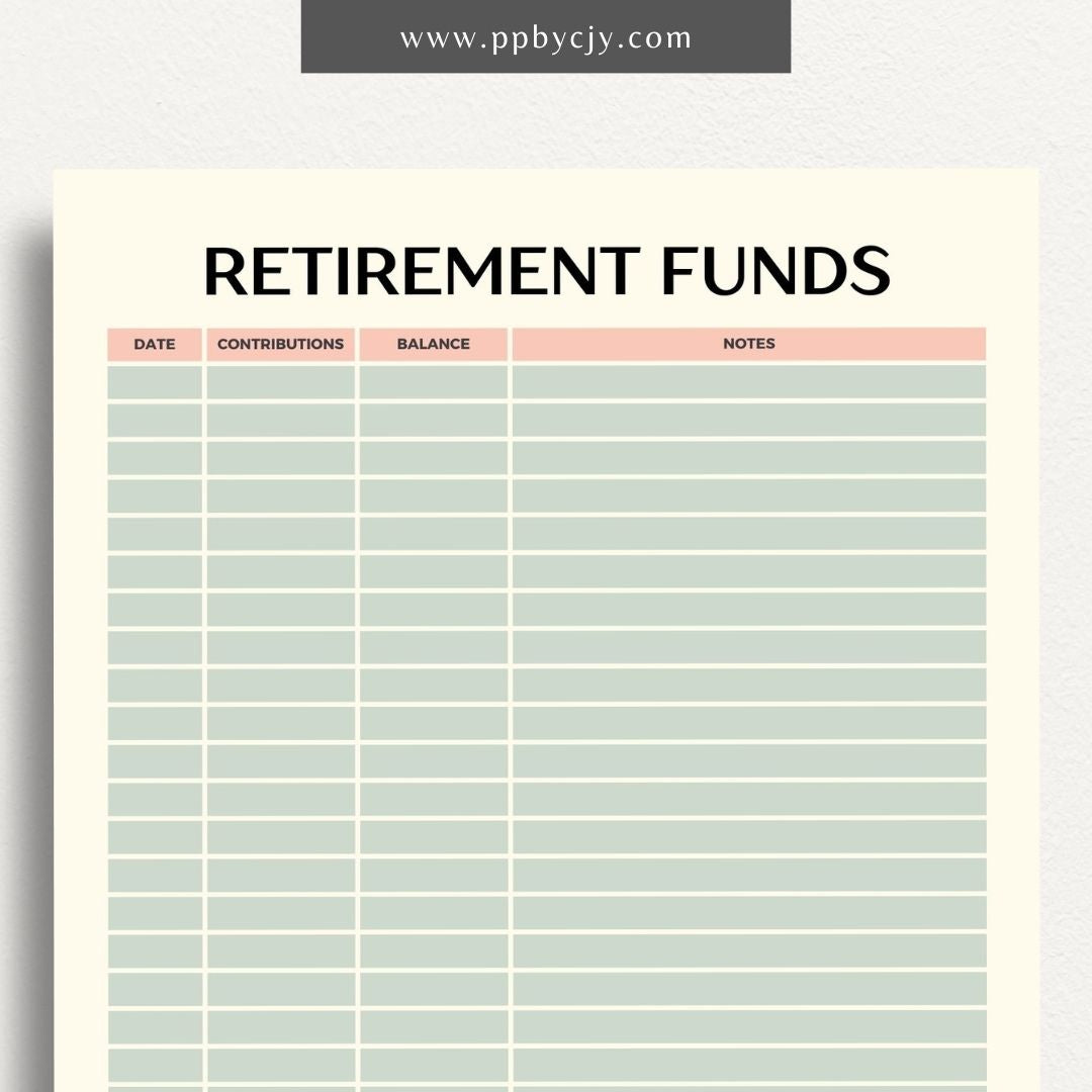 Retirement Funds Tracker Printable Template – Digital download for monitoring and managing contributions, growth, and balances of retirement funds