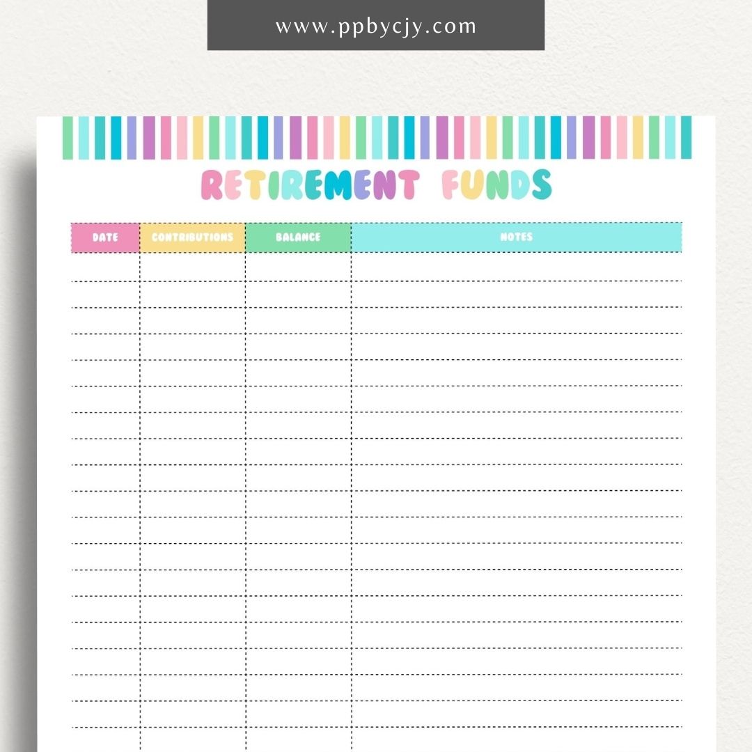 Retirement Funds Tracker Printable Template – Digital download for monitoring and managing contributions, growth, and balances of retirement funds