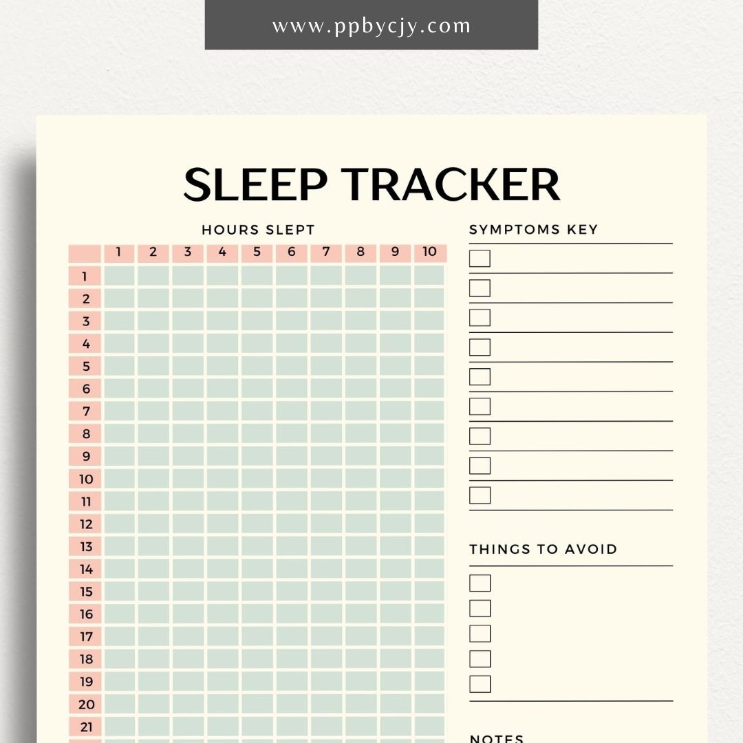Sleep Tracker Printable Template – Digital download for recording and monitoring your sleep patterns, duration, and quality