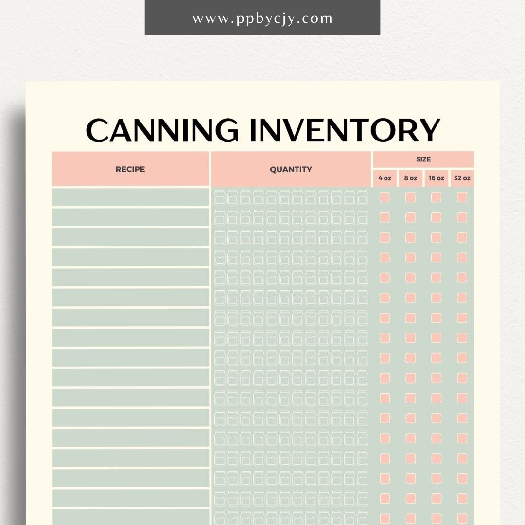 Homestead Canning Inventory Printable Template – Digital download for recording and managing home-canned goods and supplies.
