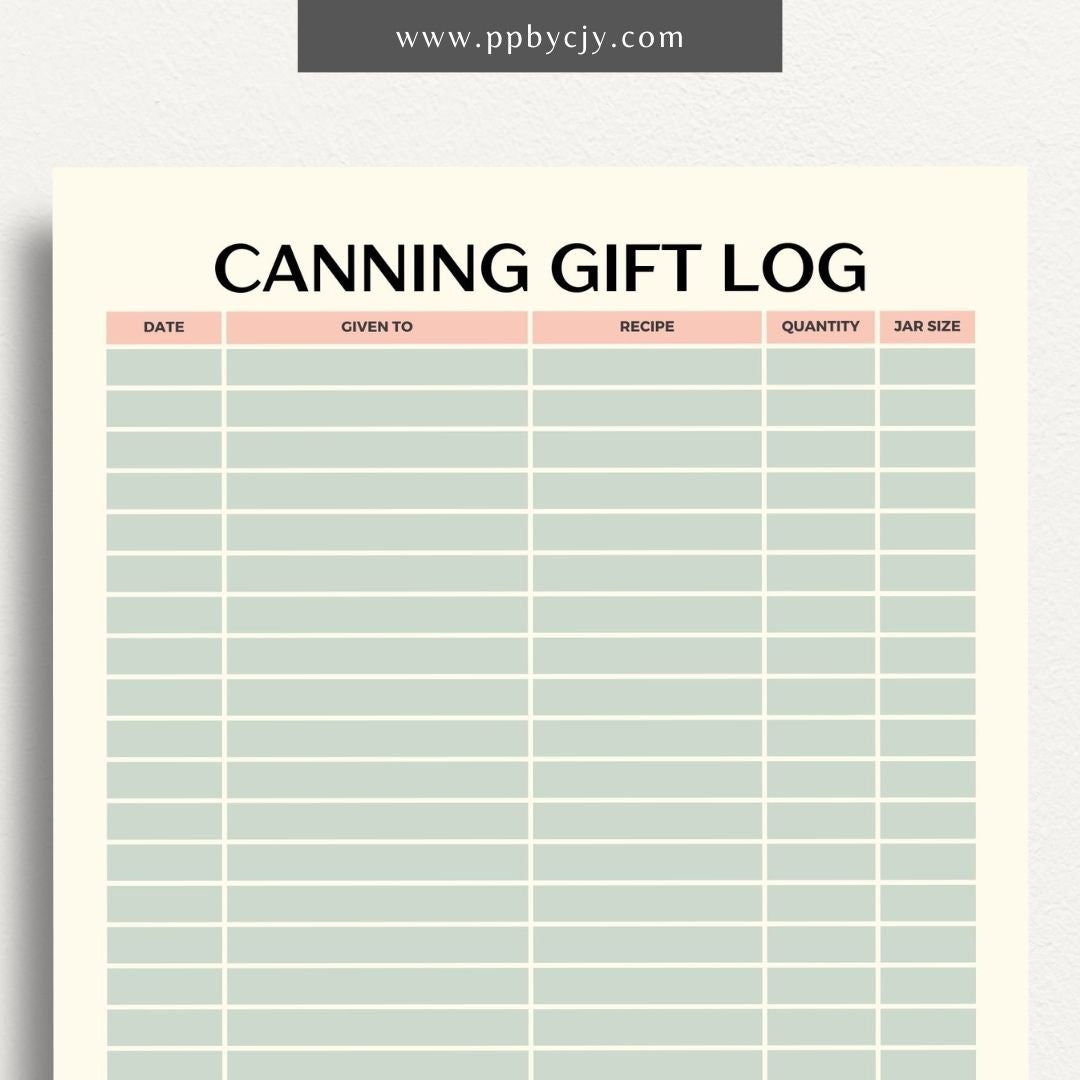 Homestead Canning Gift Log Printable Template – Digital download for tracking and organizing gifts made from home-canned goods.