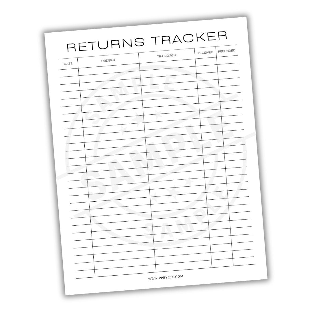 Returns tracker sheet with columns for date, order number, tracking number, receipt number, and included items.