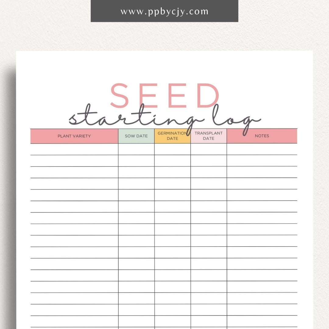 Seed Starting Log Printable Template – Digital download for recording and tracking the progress of seeds from germination to planting
