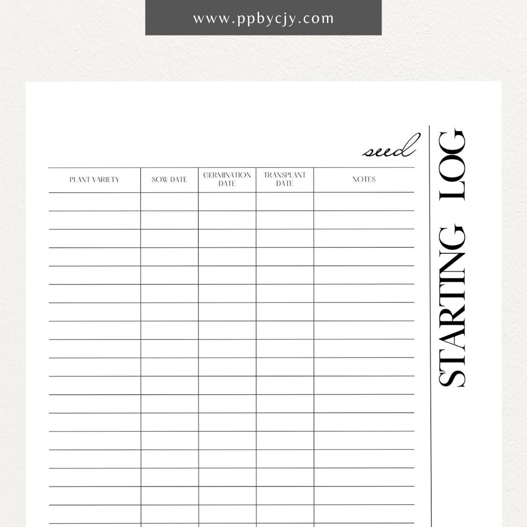 Seed Starting Log Printable Template – Digital download for recording and tracking the progress of seeds from germination to planting