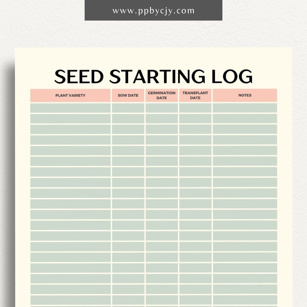 Seed Starting Log Printable Template – Digital download for recording and tracking the progress of seeds from germination to planting
