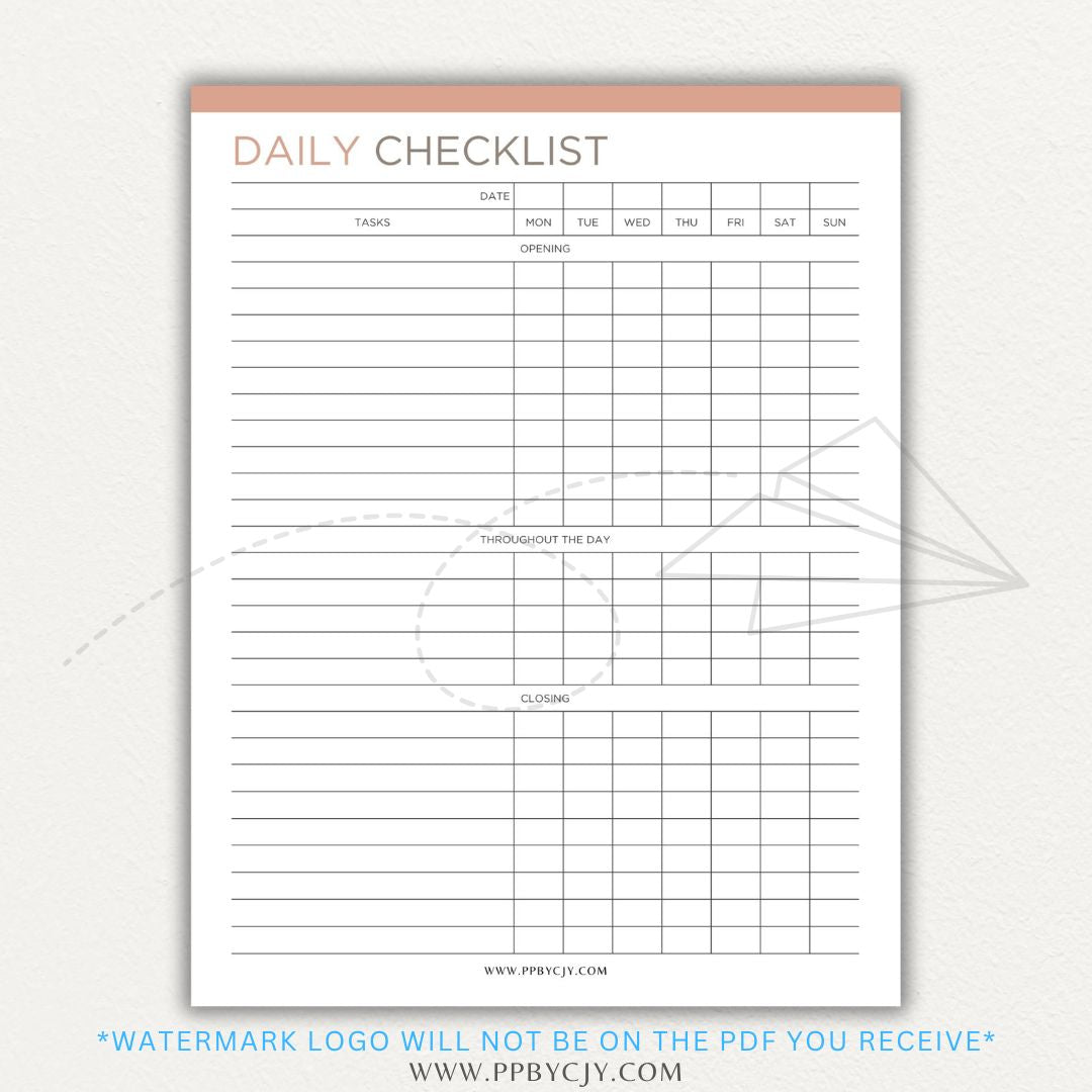 Server Daily Checklist Printable PDF Template for restaurant staff task management.