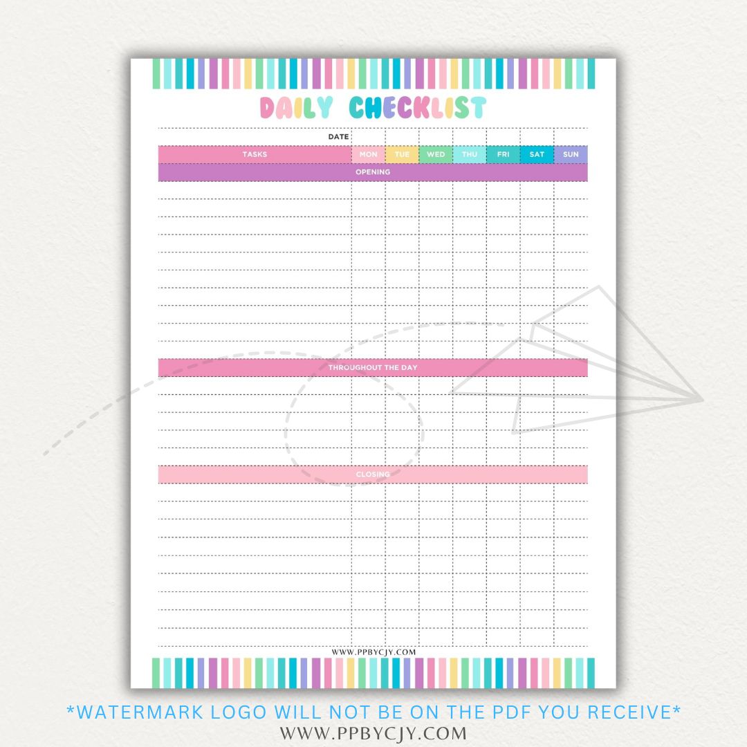 Server Daily Checklist Printable PDF Template for restaurant staff task management.