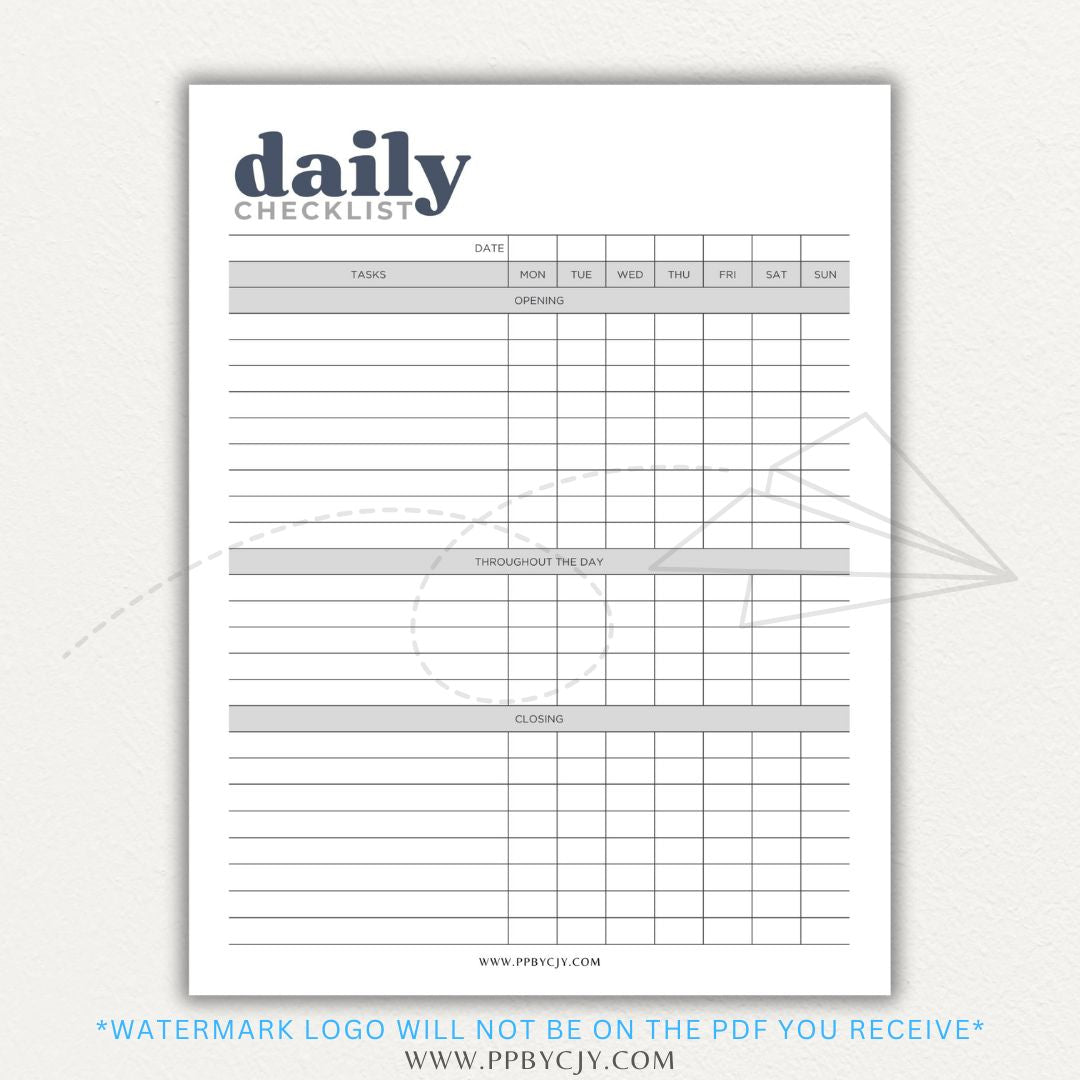 Server Daily Checklist Printable PDF Template for restaurant staff task management.