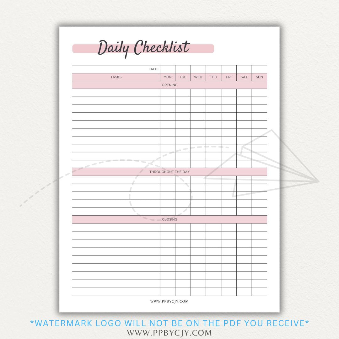 Server Daily Checklist Printable PDF Template for restaurant staff task management.
