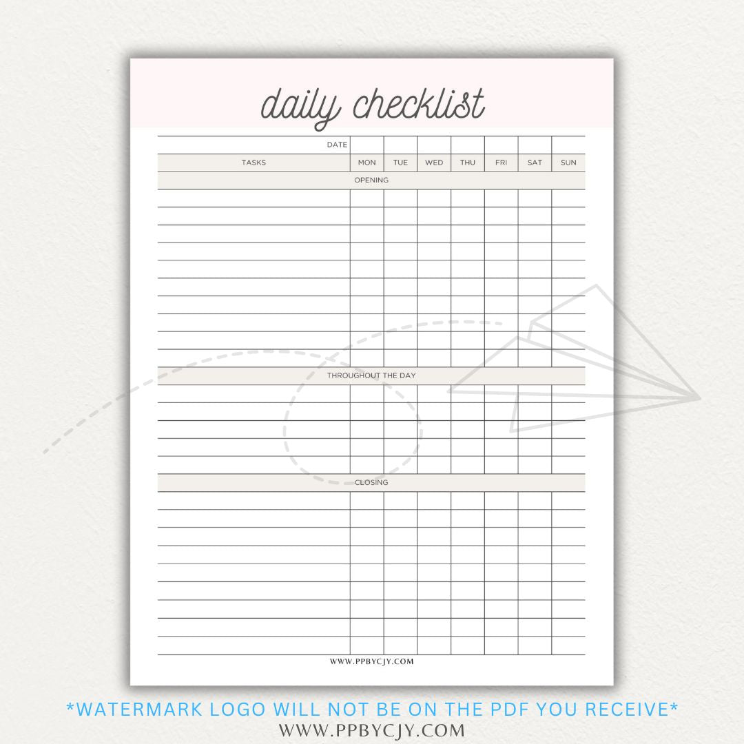 Server Daily Checklist Printable PDF Template for restaurant staff task management.