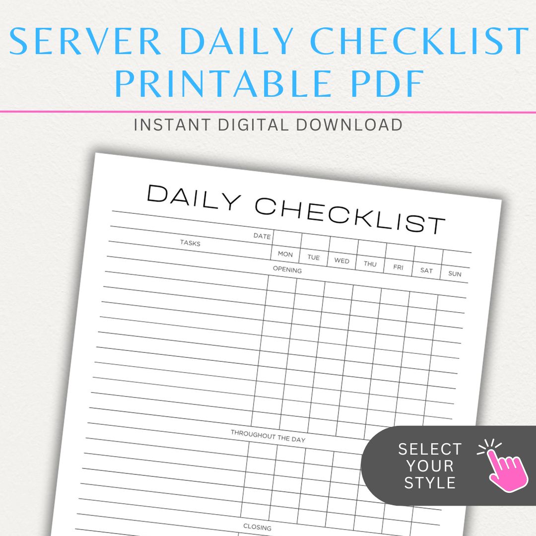 Server Daily Checklist Printable PDF Template for restaurant staff task management.