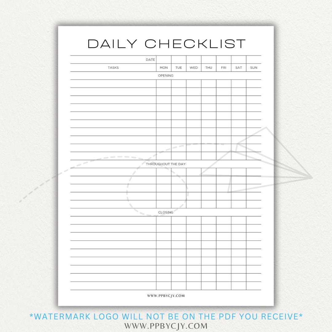Server Daily Checklist Printable PDF Template for restaurant staff task management.