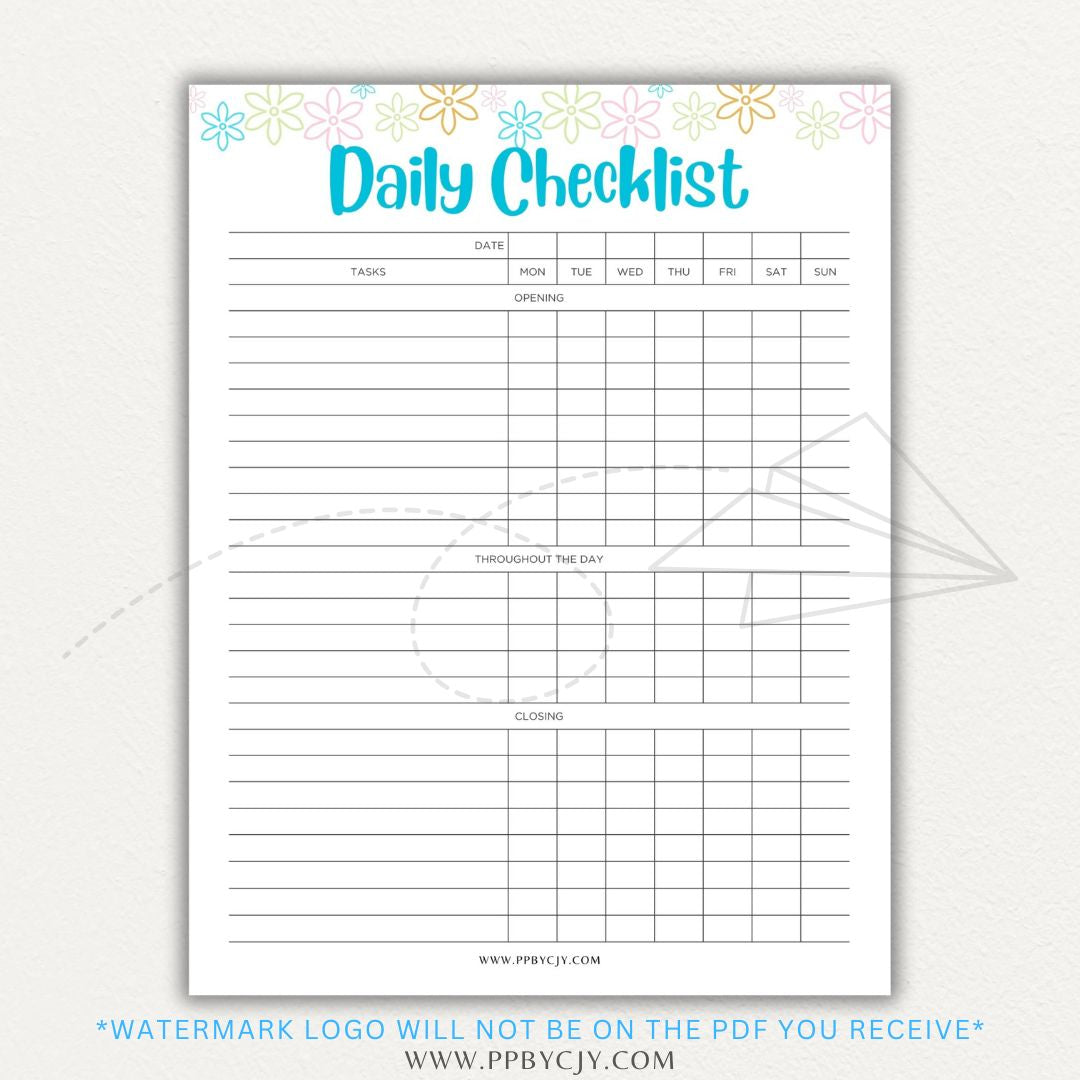 Server Daily Checklist Printable PDF Template for restaurant staff task management.