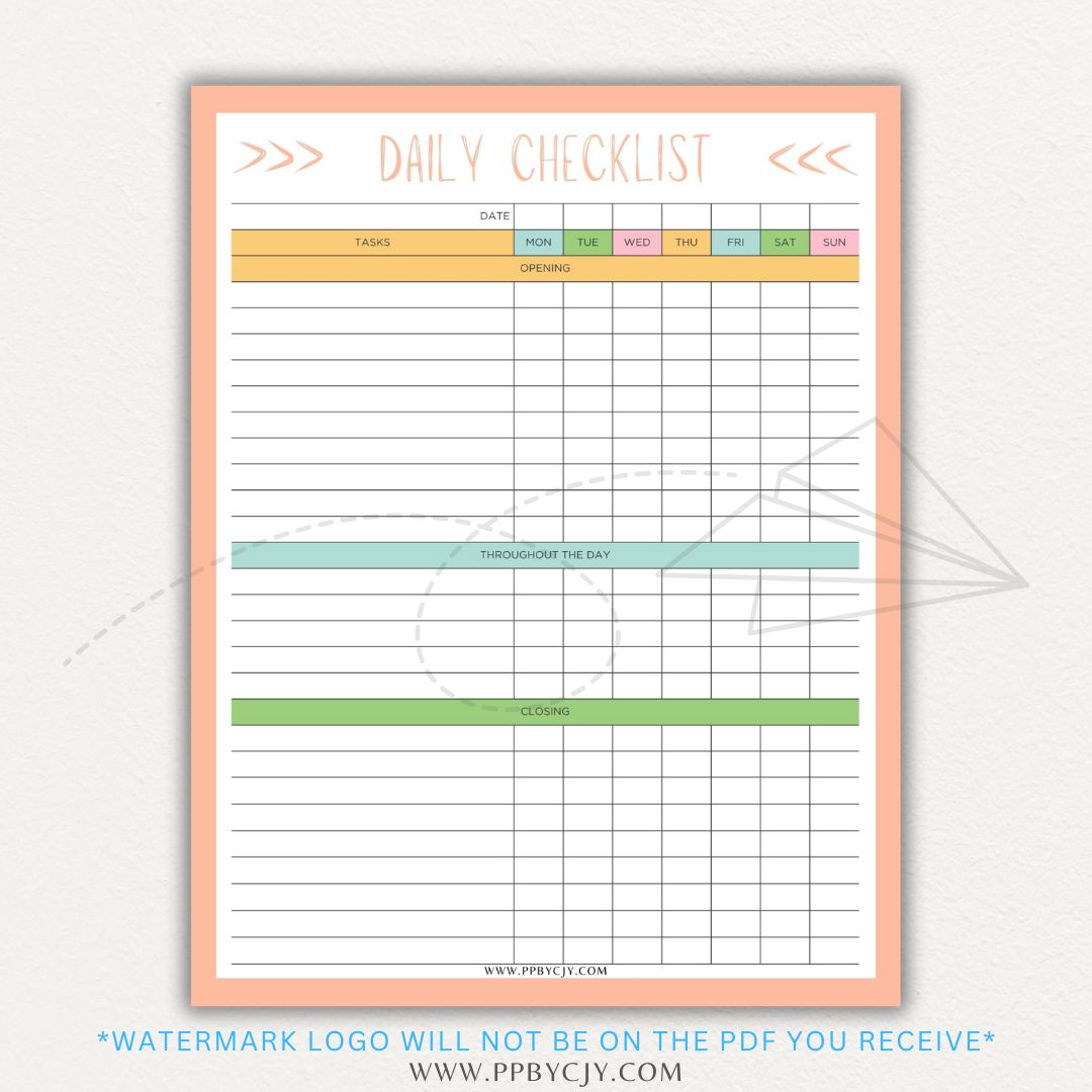 Server Daily Checklist Printable PDF Template for restaurant staff task management.