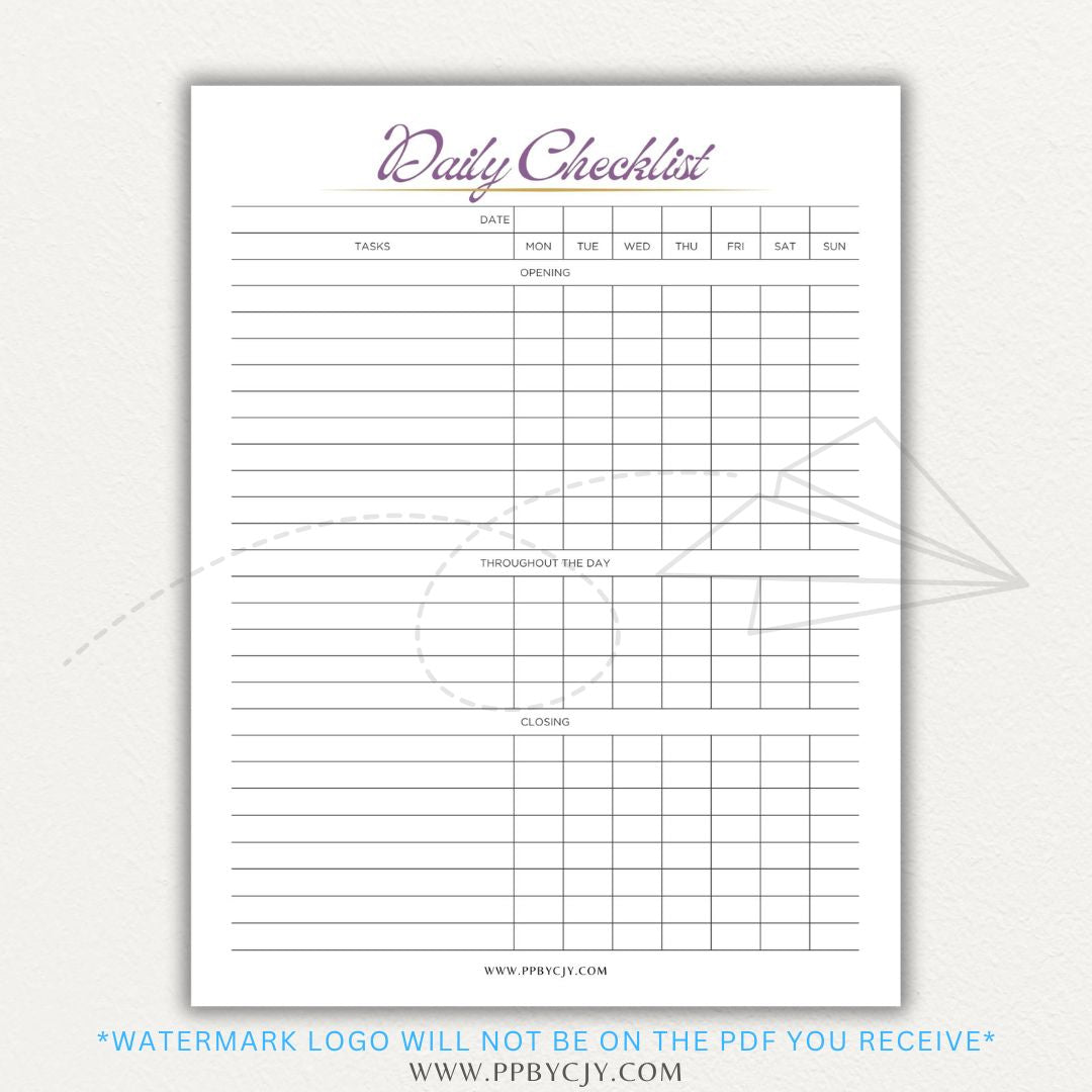 Server Daily Checklist Printable PDF Template for restaurant staff task management.