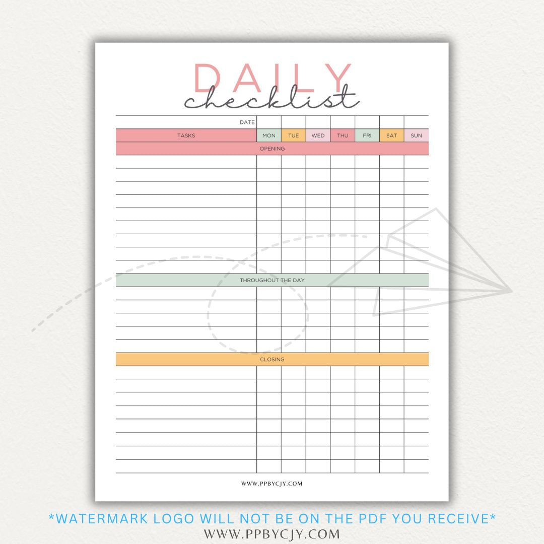 Server Daily Checklist Printable PDF Template for restaurant staff task management.