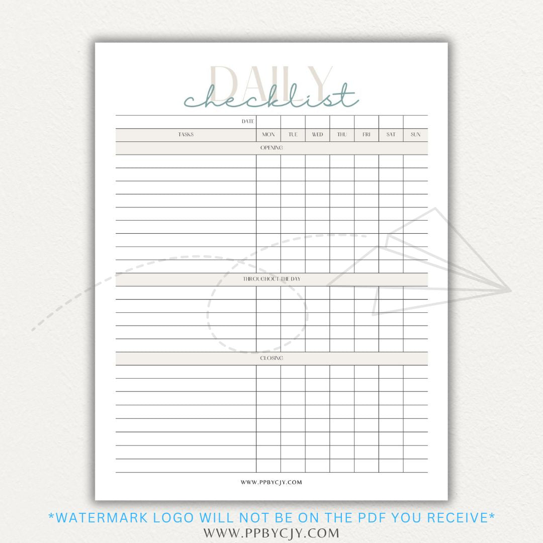Server Daily Checklist Printable PDF Template for restaurant staff task management.
