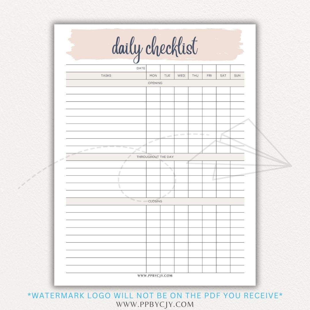 Server Daily Checklist Printable PDF Template for restaurant staff task management.