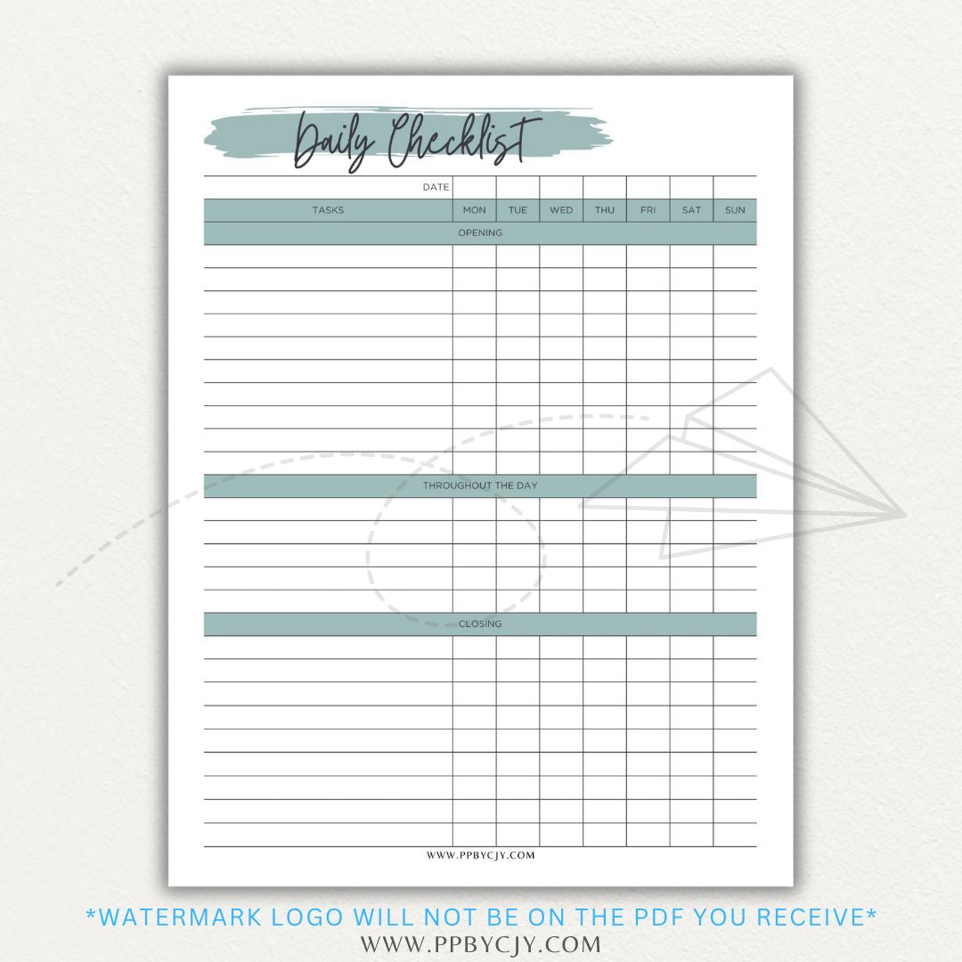 Server Daily Checklist Printable PDF Template for restaurant staff task management.