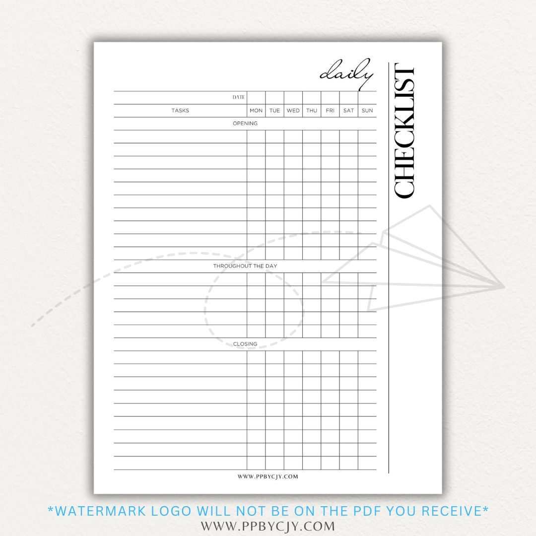 Server Daily Checklist Printable PDF Template for restaurant staff task management.