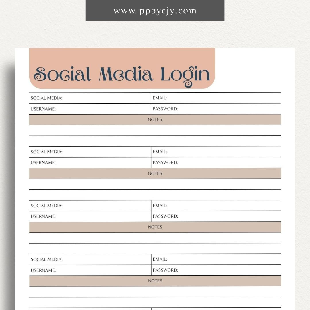Social Media Login Printable Template – Digital download for securely recording and managing login information for various social media accounts