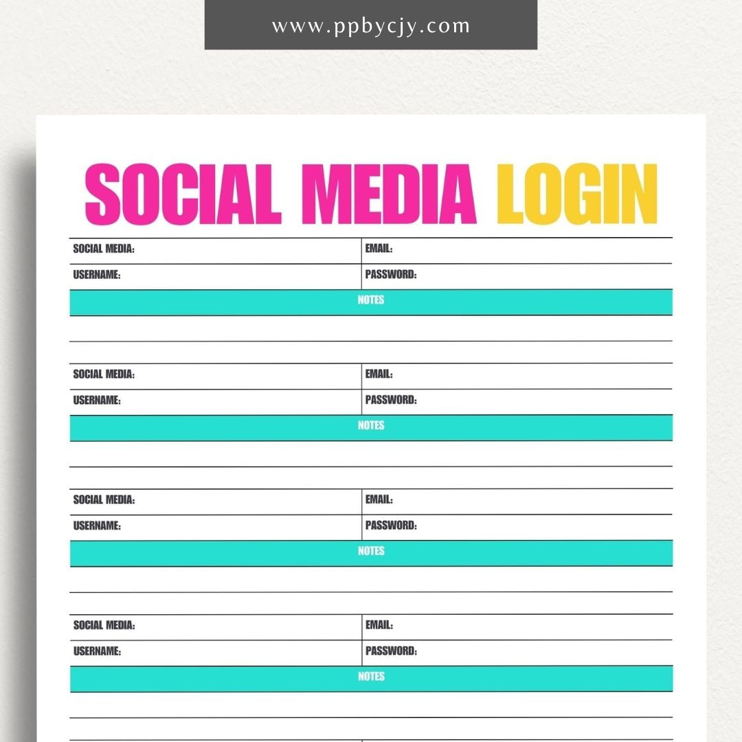 Social Media Login Printable Template – Digital download for securely recording and managing login information for various social media accounts