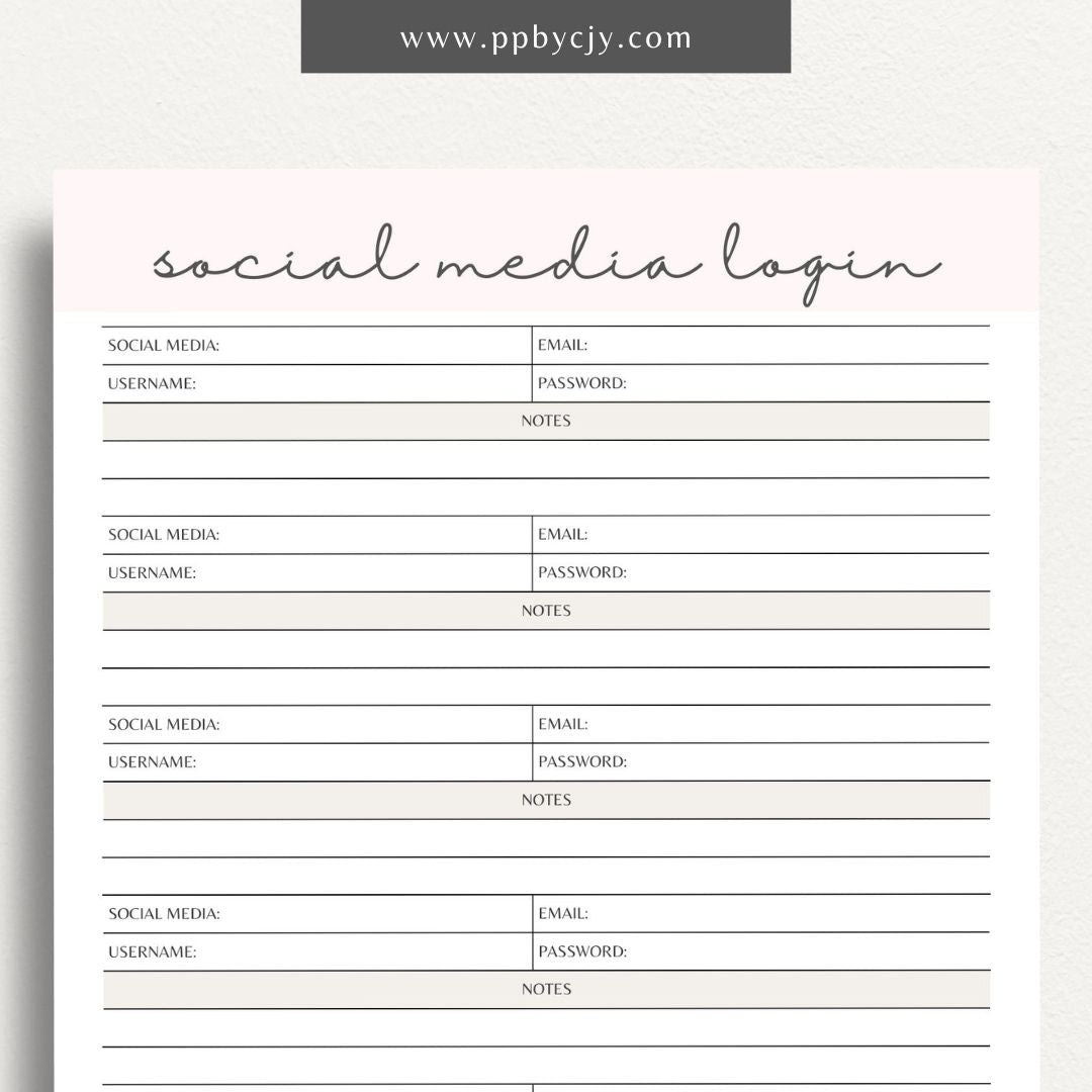 Social Media Login Printable Template – Digital download for securely recording and managing login information for various social media accounts