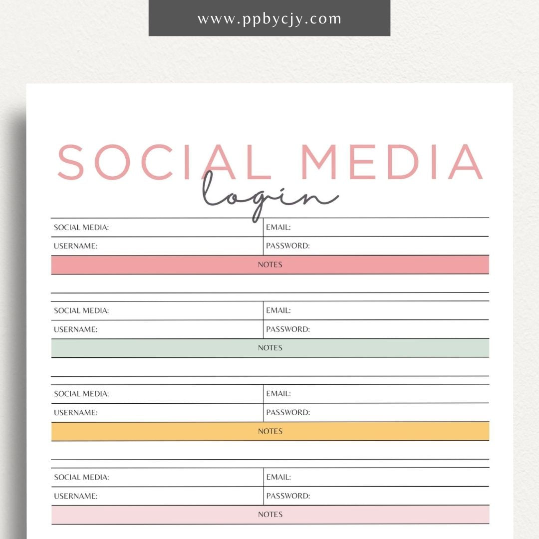 Social Media Login Printable Template – Digital download for securely recording and managing login information for various social media accounts
