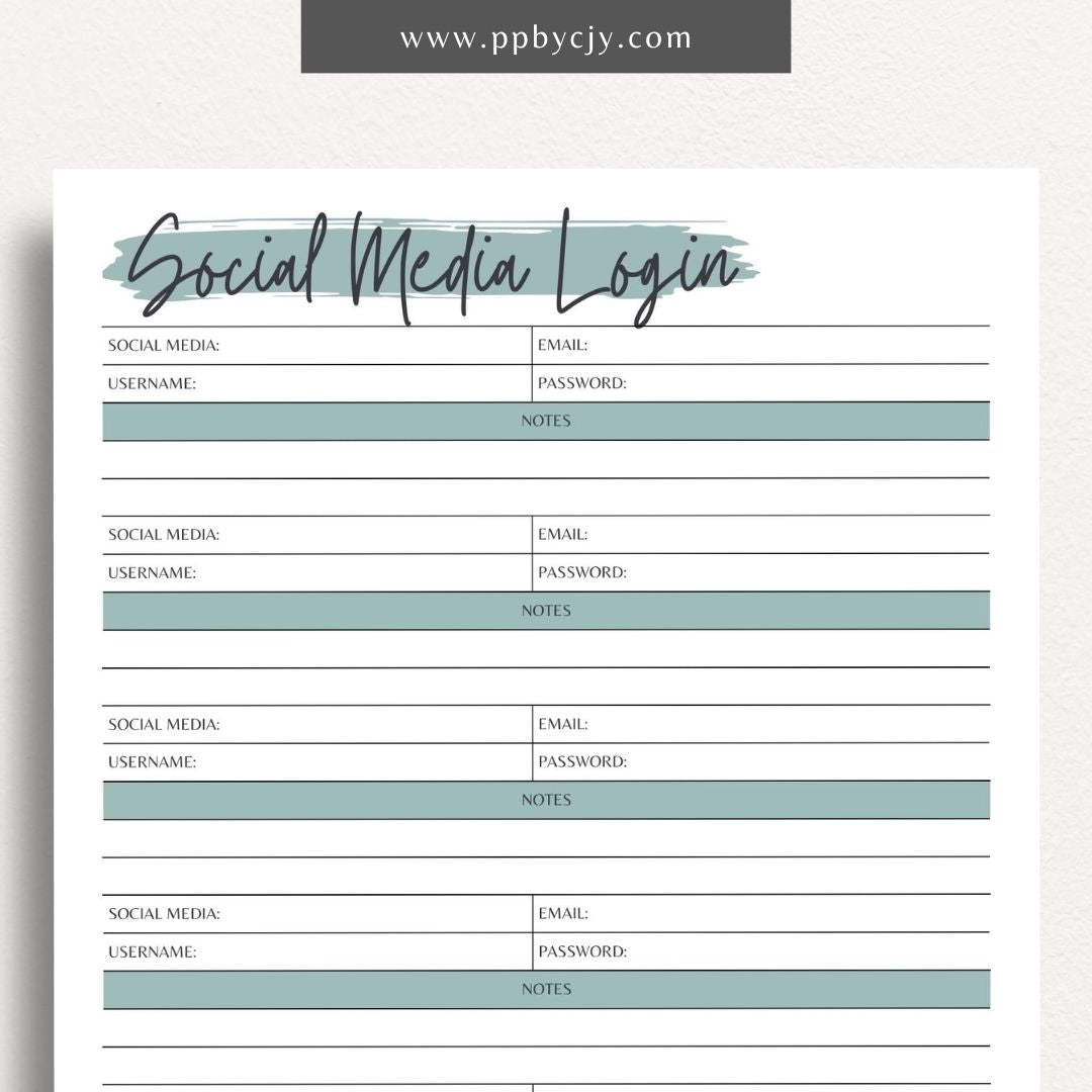 Social Media Login Printable Template – Digital download for securely recording and managing login information for various social media accounts