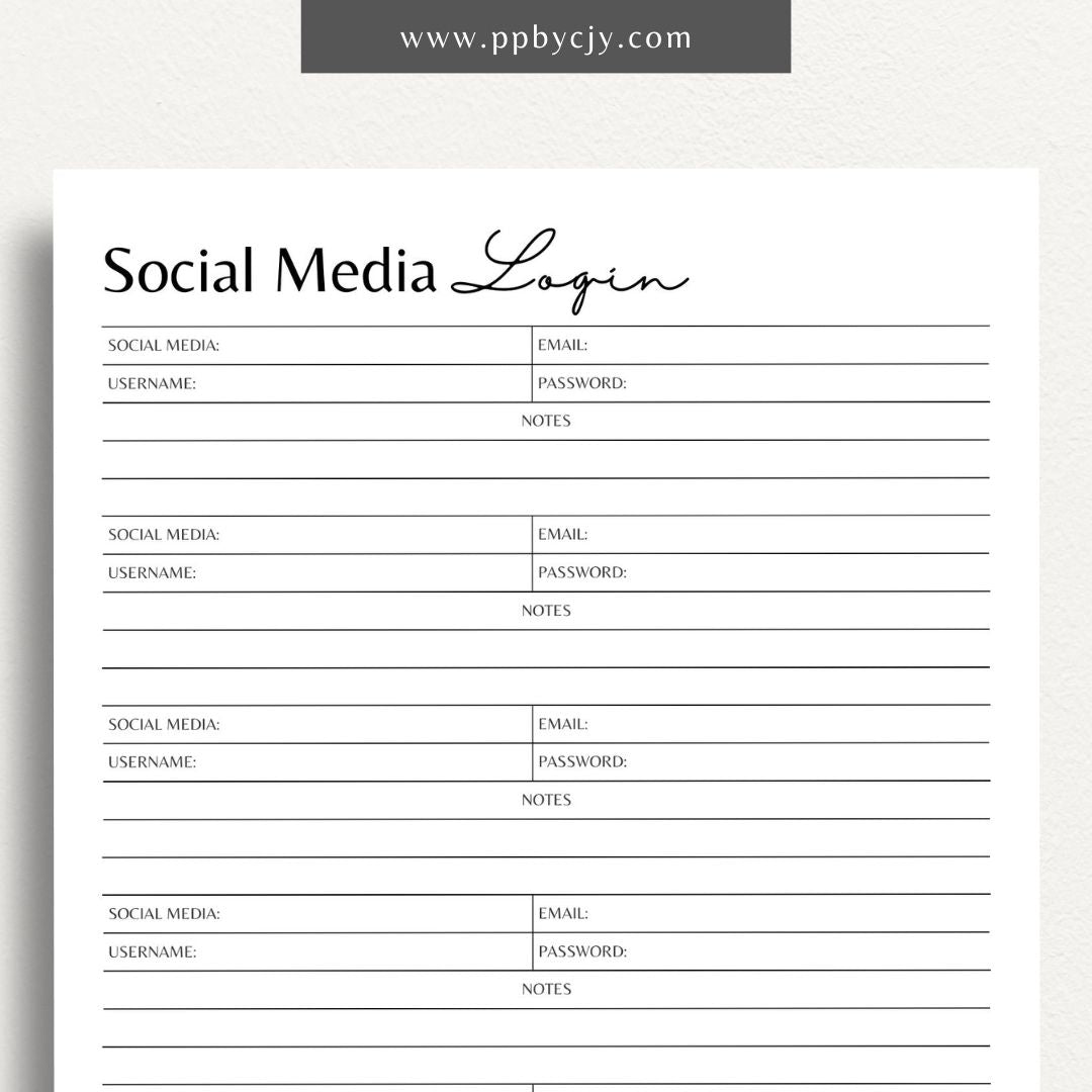 Social Media Login Printable Template – Digital download for securely recording and managing login information for various social media accounts