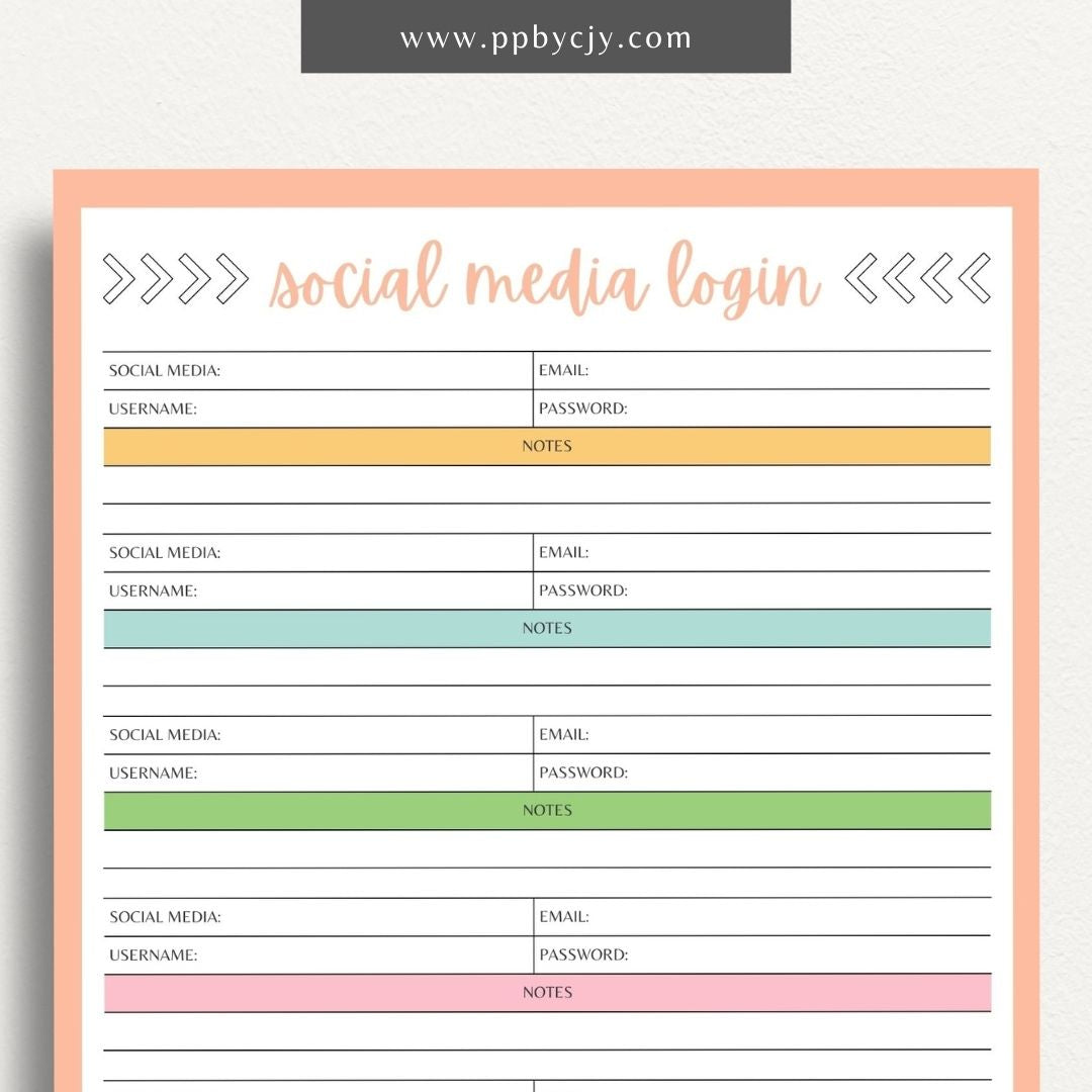 Social Media Login Printable Template – Digital download for securely recording and managing login information for various social media accounts