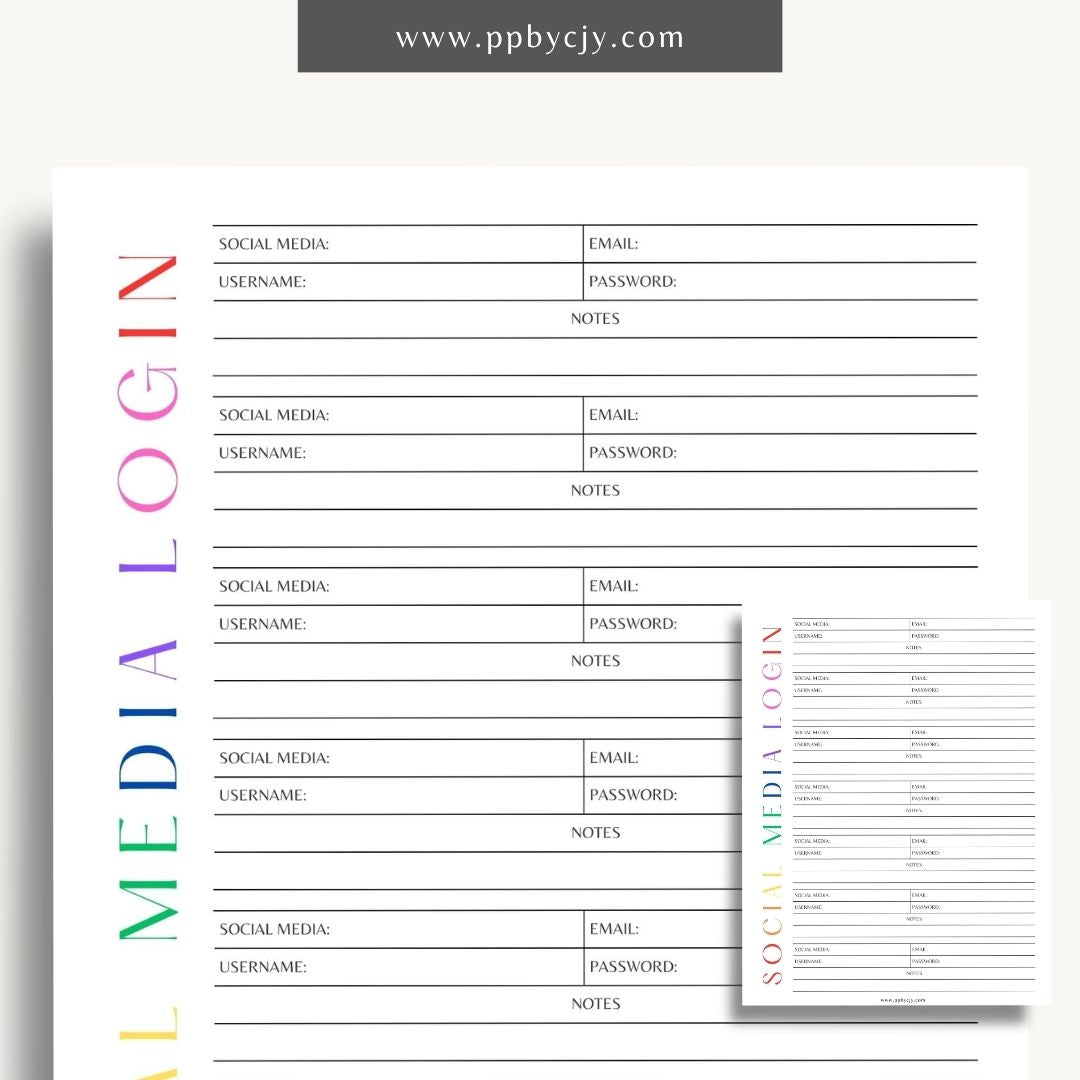 Social Media Login Printable Template – Digital download for securely recording and managing login information for various social media accounts