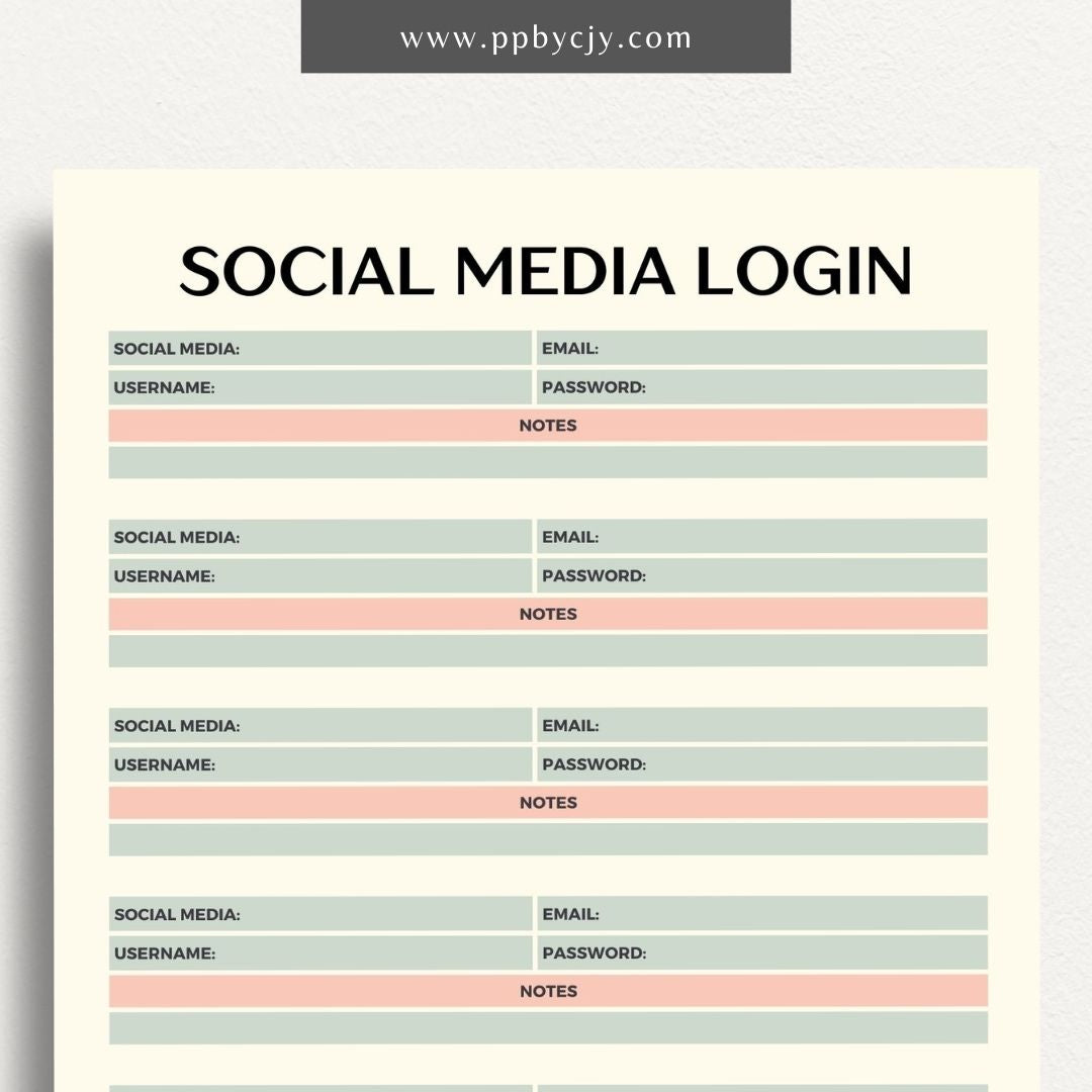Social Media Login Printable Template – Digital download for securely recording and managing login information for various social media accounts